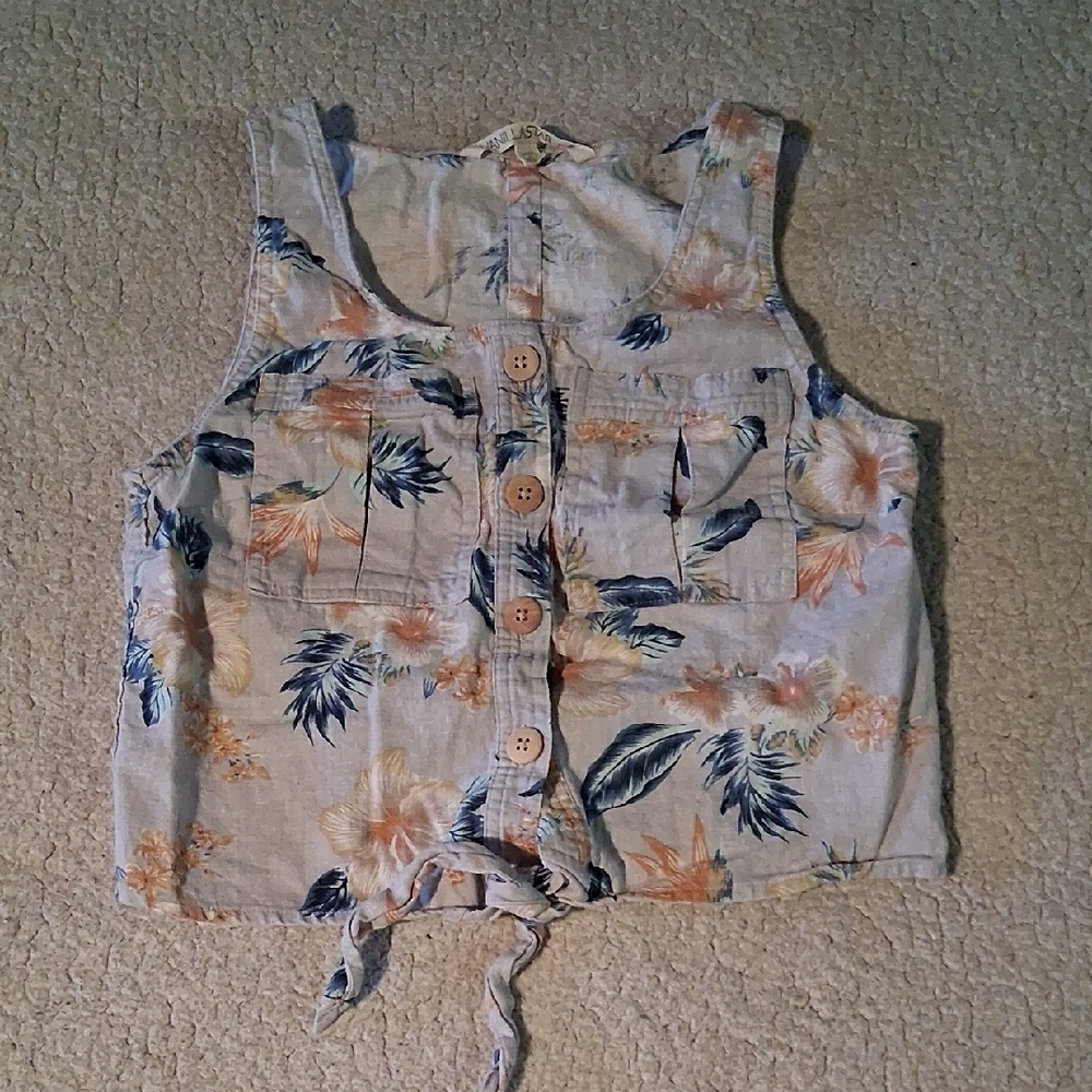 Vanilla Star Floral Crop Top - Cream and Blue Linen Blend